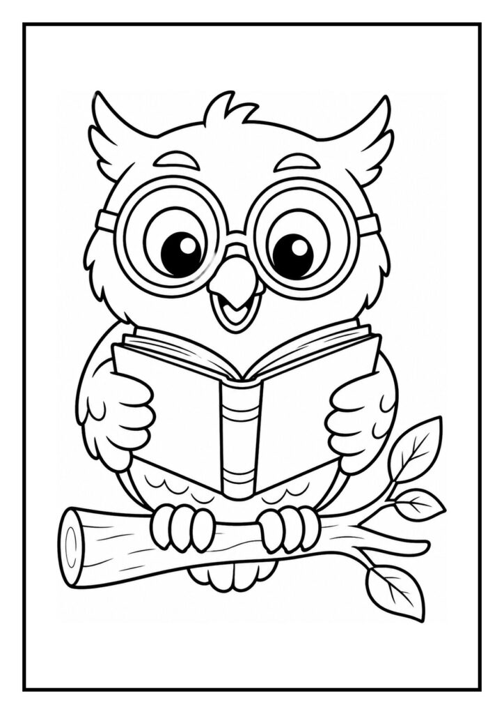 Kleurplaat van een schattige uil met een bril die een boek leest, zittend op een tak met bladeren in het bos tijdens de regen
