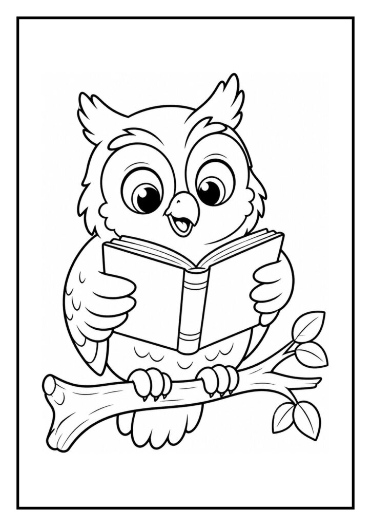 Kleurplaat van een schattige uil die een boek leest terwijl hij op een tak bij de vijver zit.