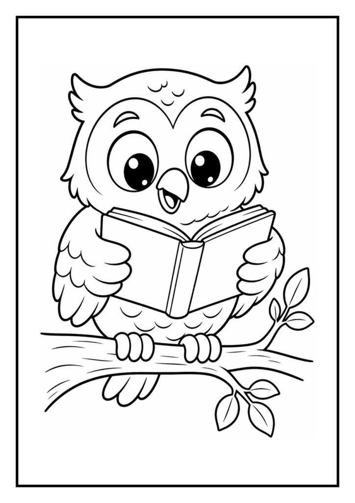 Leuke kleurplaat van een schattige uil die een boek met een sterrenkaart leest terwijl hij op een tak in het bos zit