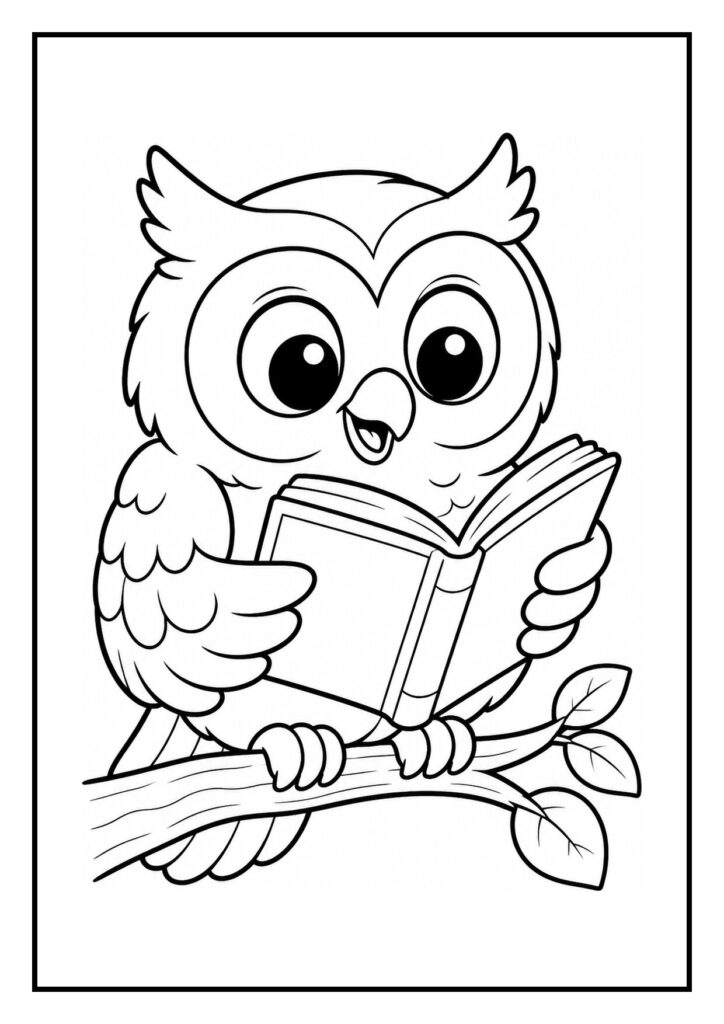 Kleurplaat van een schattige uil die een boek leest terwijl hij op een tak zit in het bos