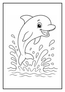 Kleurplaat van een vrolijke dolfijn die uit het water springt met een zeester ernaast en waterspetters rondom