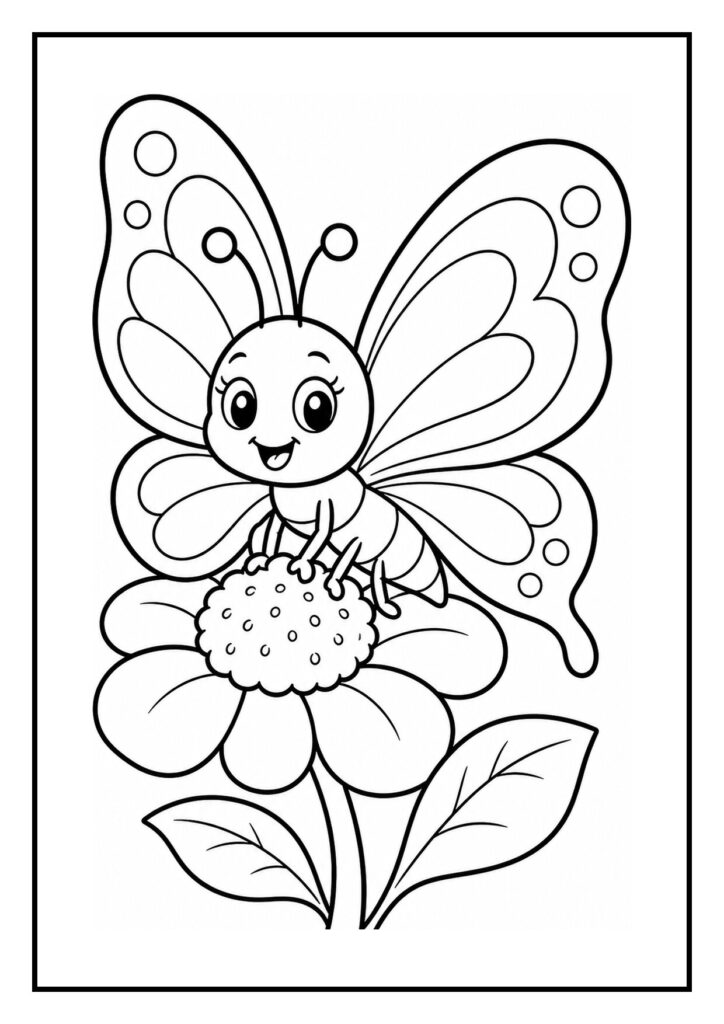 Kleurplaat van een schattige vlinder die vrolijk tussen twee bloemen vliegt