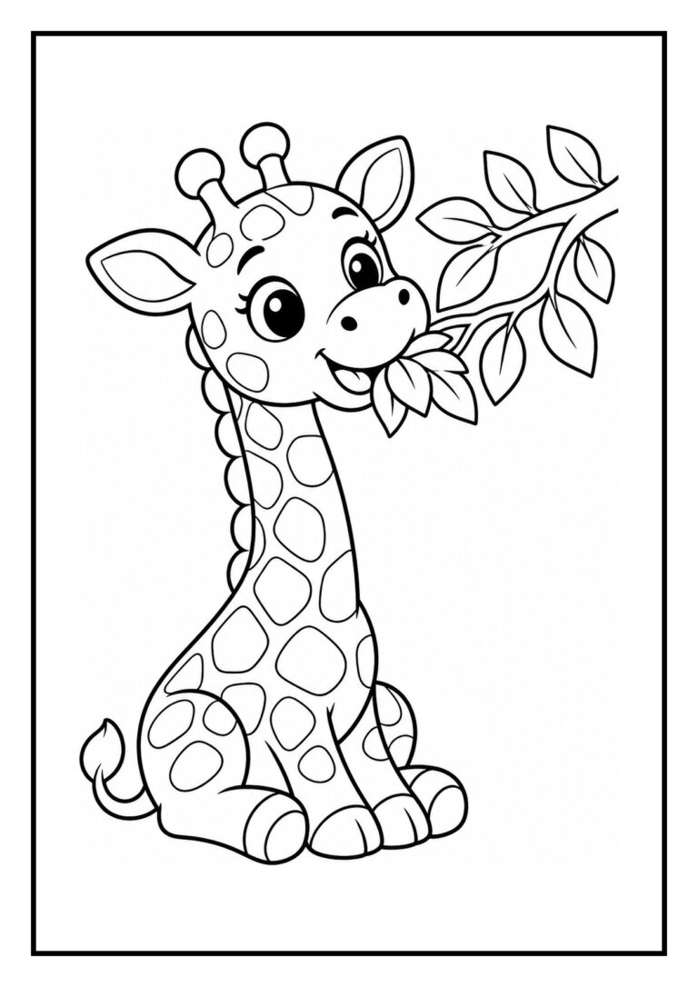 Schattige giraffe die blaadjes eet van een tak in een vrolijke jungle kleurplaat voor kinderen