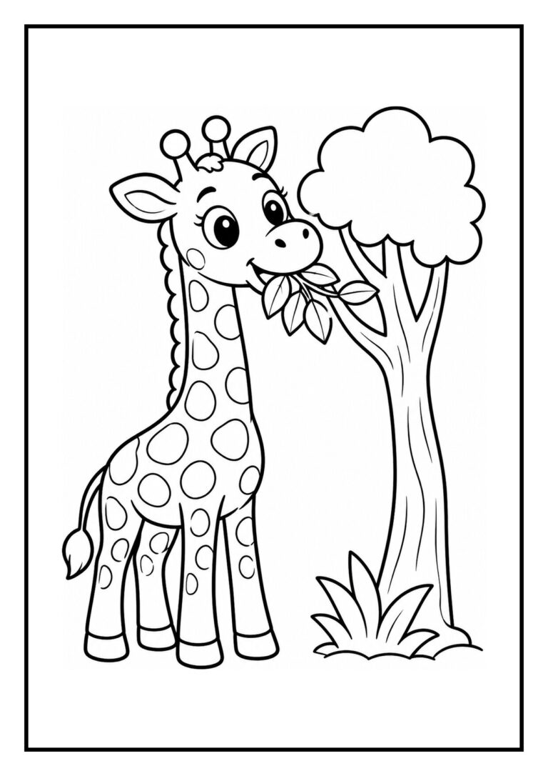 Kleurplaat van een schattige giraffe die snel een regenplas ontwijkt bij een boom in het bos