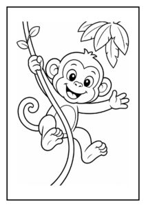 Vrolijke kleurplaat van een schattige aap die een banaan plukt van een tak in de jungle