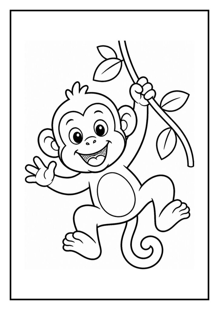 Leuke kleurplaat van een vrolijke aap die een banaan schilt terwijl hij aan een liaan in de jungle hangt