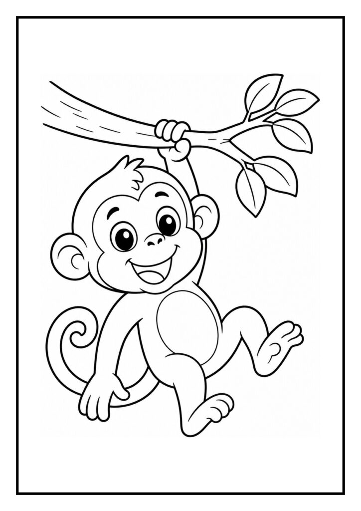 Kleurplaat van een schattige aap die vrolijk van de ene naar een hoge tak springt in de jungle