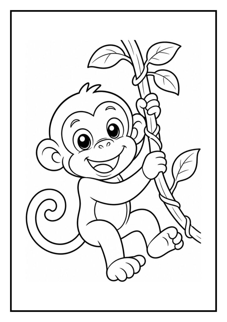 Vrolijke schattige aap die verstoppertje speelt aan een liaan in de jungle kleurplaat