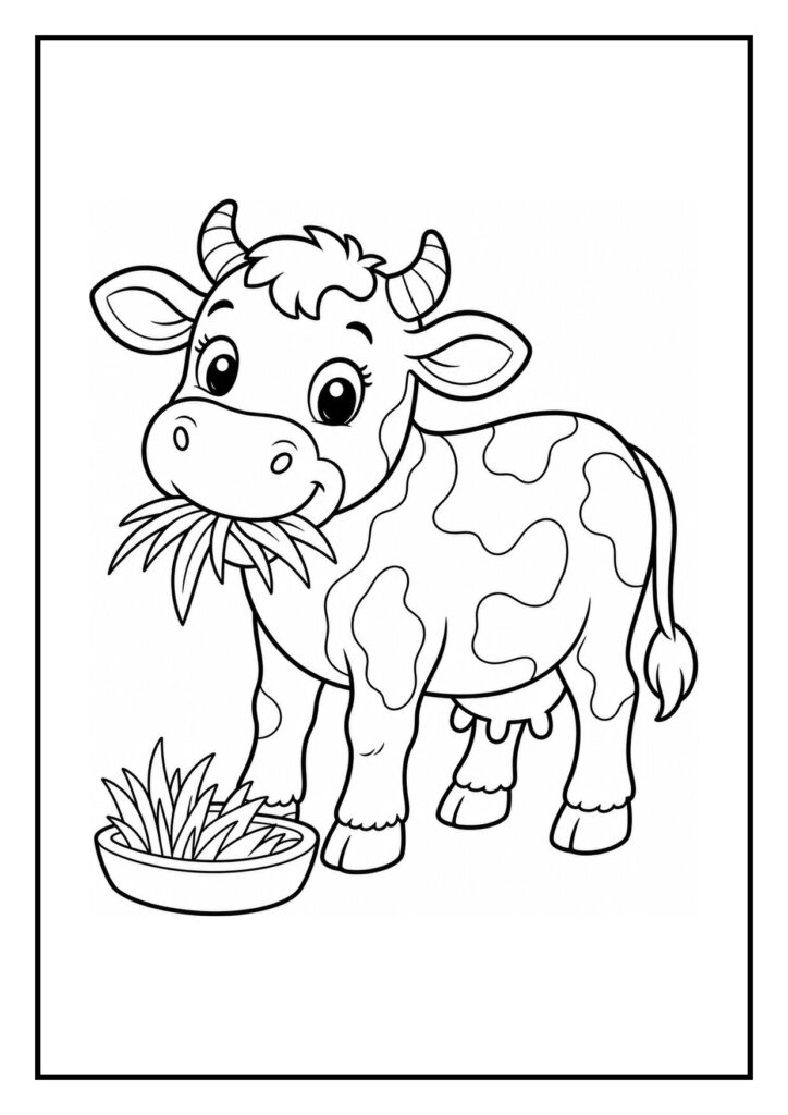 Leuke kleurplaat van een schattige koe die gras eet op een heuvel