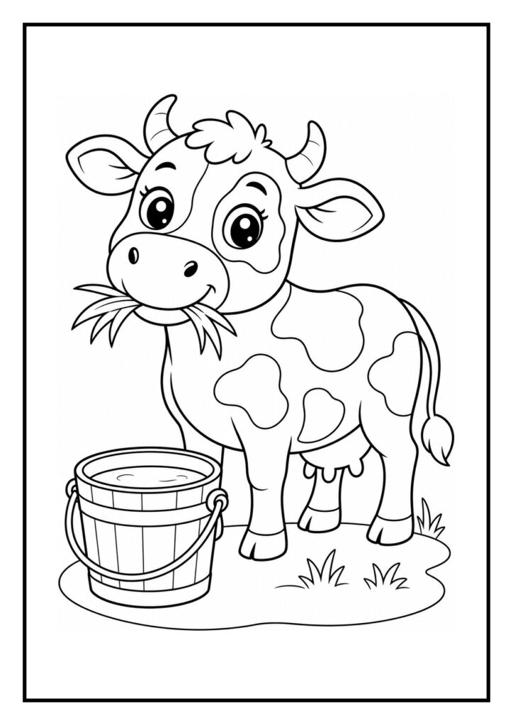 Kleurplaat van een schattige koe die haar tong uitsteekt naar een appel naast een emmer melk op de boerderij