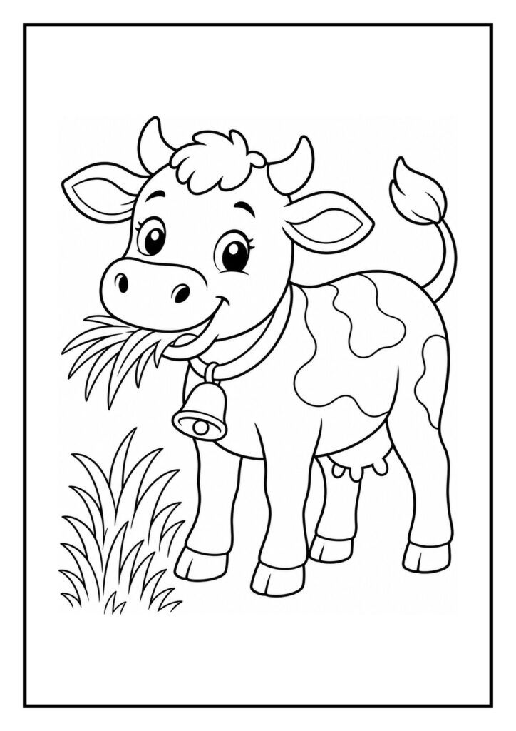 Schattige koe met een bel om de nek en gras in de mond terwijl ze een verloren klomp vindt