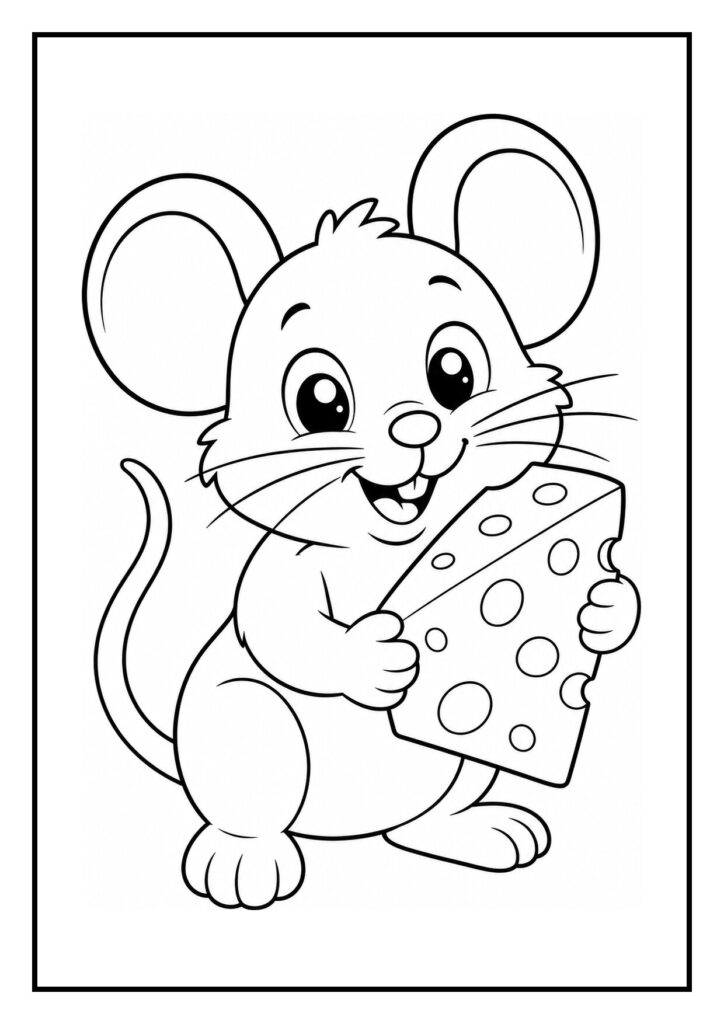 Kleurplaat van een vrolijke schattige muis die het touw van een ballon vasthoudt.