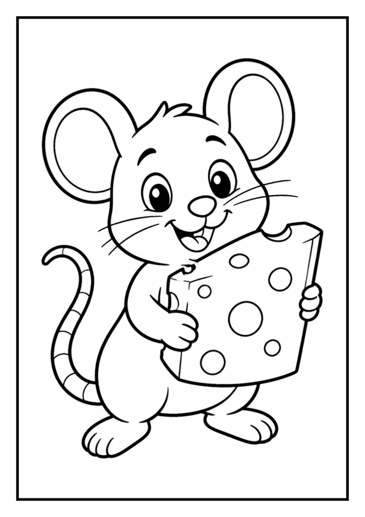 Vrolijke muis die door een holle kaaspoort van kaas glipt, met een stuk kaas in zijn pootjes