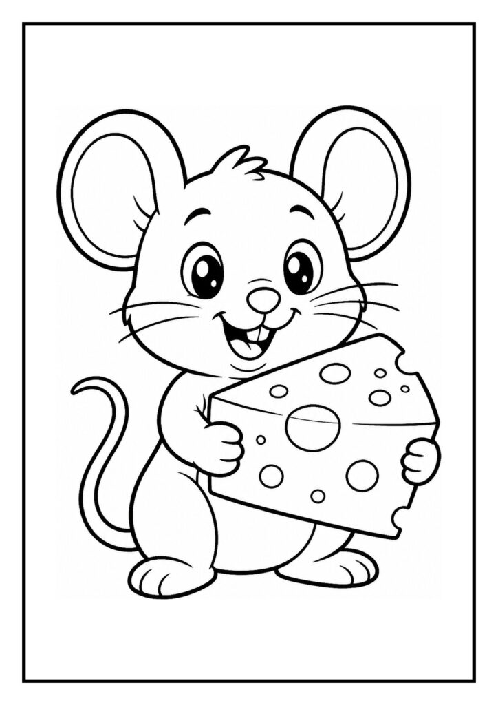 Leuke kleurplaat van een vrolijke muis die een boekpagina omslaat in de bibliotheek.