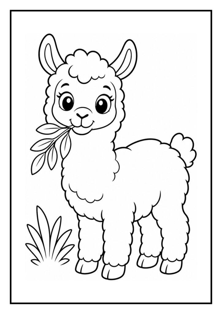 Leuke kleurplaat van een schattige lama die met een blaasmoment een reuzenklokbloem omver blaast, geschikt voor jonge kinderen.