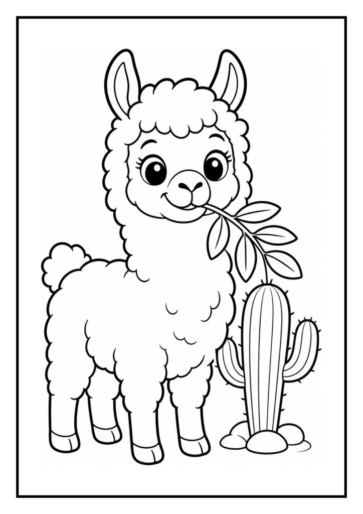 Leuke kleurplaat van een schattige alpaca die een hoedje vasthoudt dat van zijn hoofd waait, naast een cactus