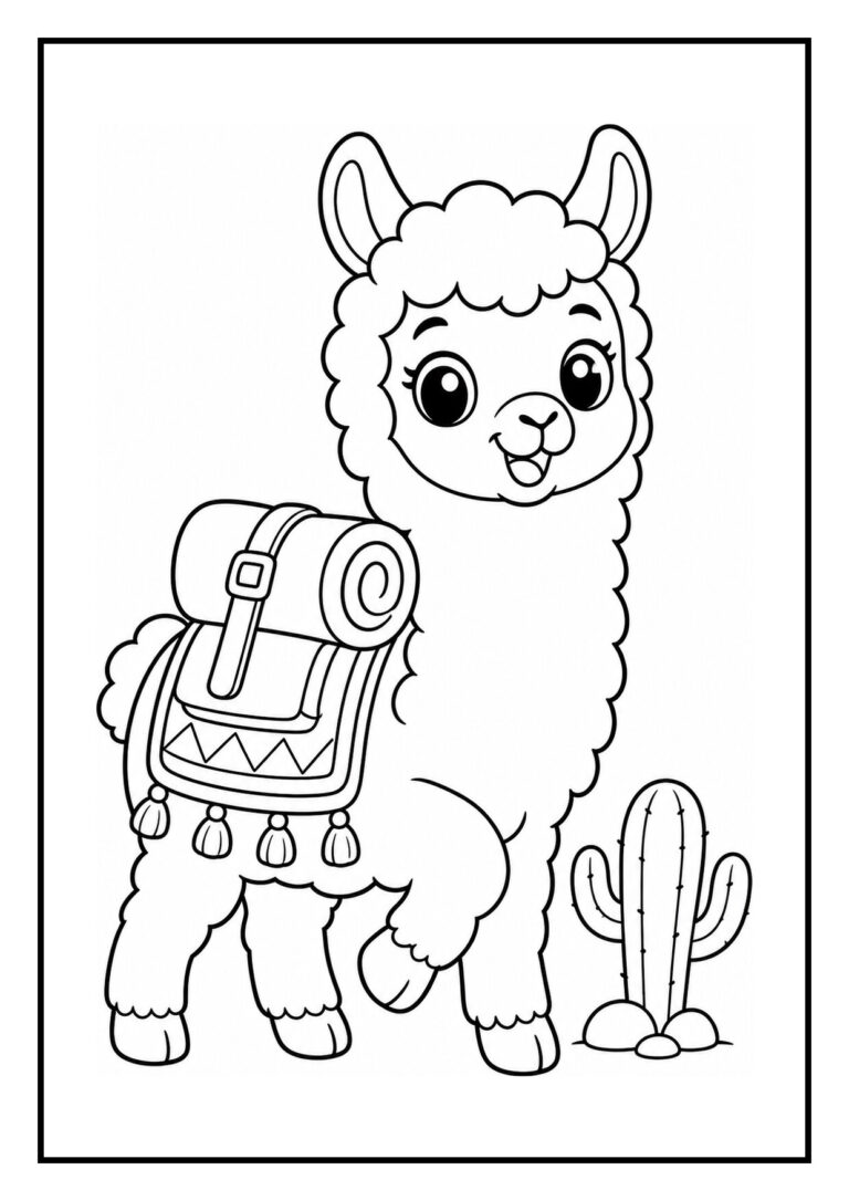 Schattige lama met tas die vrolijk over een klein beekje springt met cactus op de achtergrond