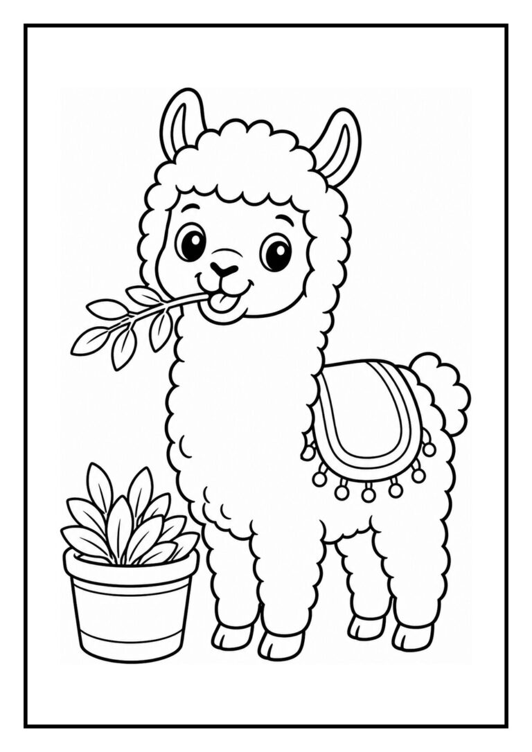 Kleurplaat van een vrolijke lama die snuffelt aan een grote wortel op een boerderij