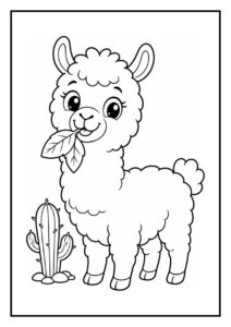 Kleurplaat van een schattige lama die naar zijn spiegelbeeld kijkt in een plas water in de woestijn.