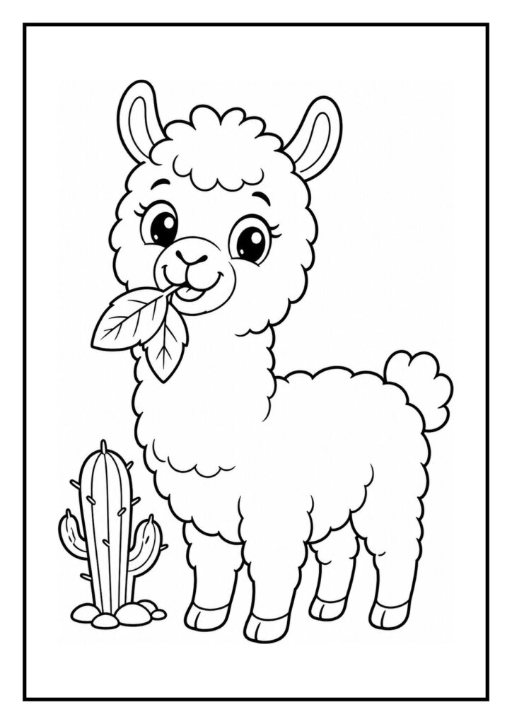 Kleurplaat van een schattige lama die naar zijn spiegelbeeld kijkt in een plas water in de woestijn.