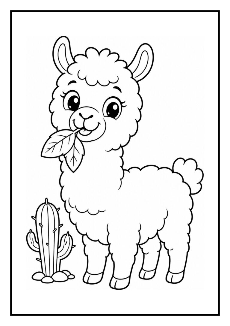 Kleurplaat van een schattige lama die naar zijn spiegelbeeld kijkt in een plas water in de woestijn.