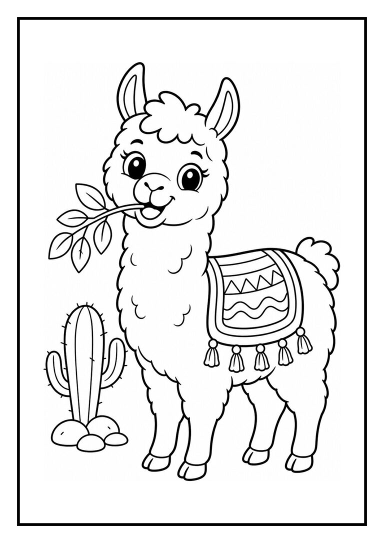 Kleurplaat van een vrolijke alpaca die een grote sjaal omhoog tilt in de wind met een cactus op de achtergrond