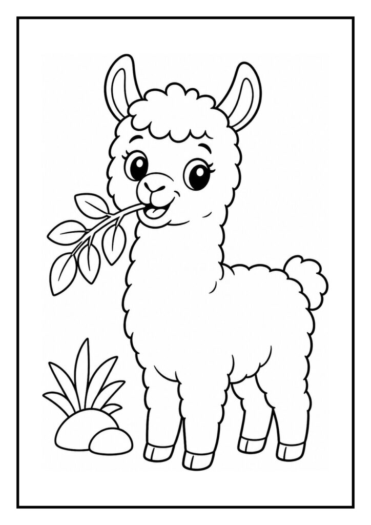 Kleurplaat van een schattige alpaca die aan een grote zonnebloem ruikt met bladeren en stenen op de achtergrond