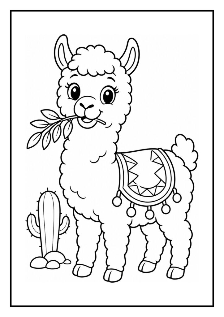 Kleurplaat van een schattige lama met een blad in de mond en een grote ballon in het gras met een cactus op de achtergrond