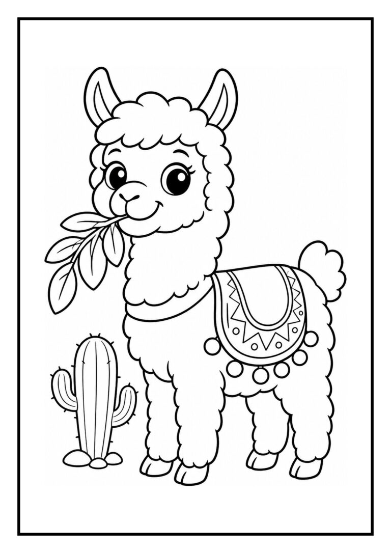 Kleurplaat van een schattige lama die zijn kop uitsteekt achter een grote cactus in de woestijn