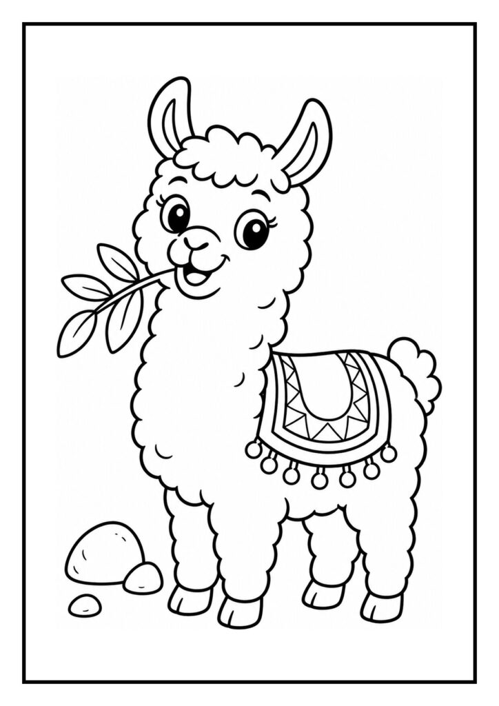 Schattige lama kleurplaat met een vrolijke lama die een grote deken mee naar een hoekje trekt en een blad in de mond heeft.