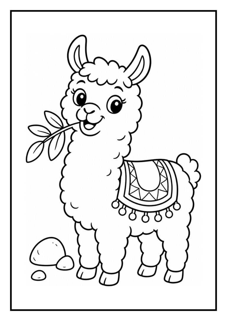 Schattige lama kleurplaat met een vrolijke lama die een grote deken mee naar een hoekje trekt en een blad in de mond heeft.