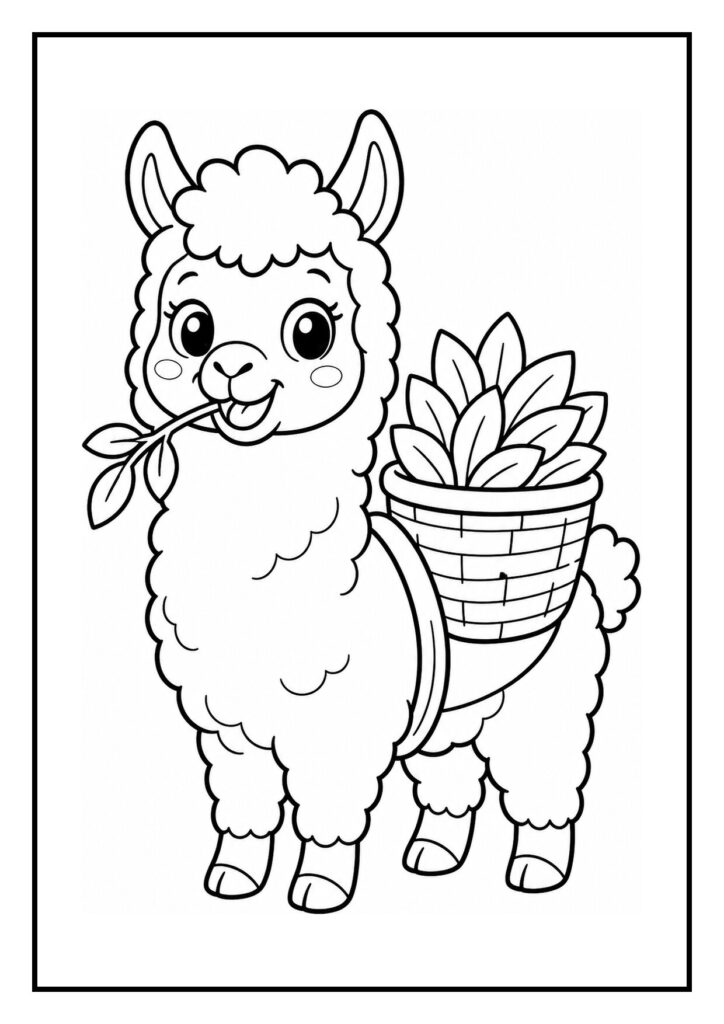 Kleurplaat van een schattige lama die met zijn neus een vlinder volgt, met een mand vol bladeren naast zich