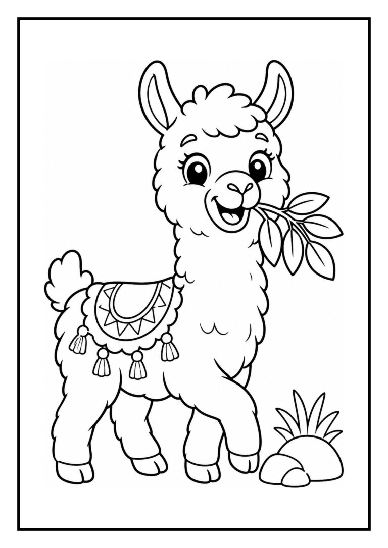Vrolijke alpaca met een grote bloemenkrans die loopt op een eenvoudige kleurplaat voor kinderen