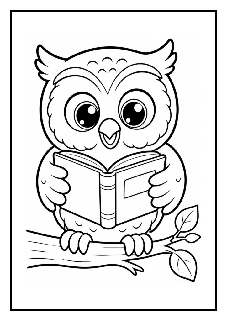 Leuke kleurplaat van een schattige slimme uil die een boek leest terwijl hij op een tak zit en naar de maan kijkt