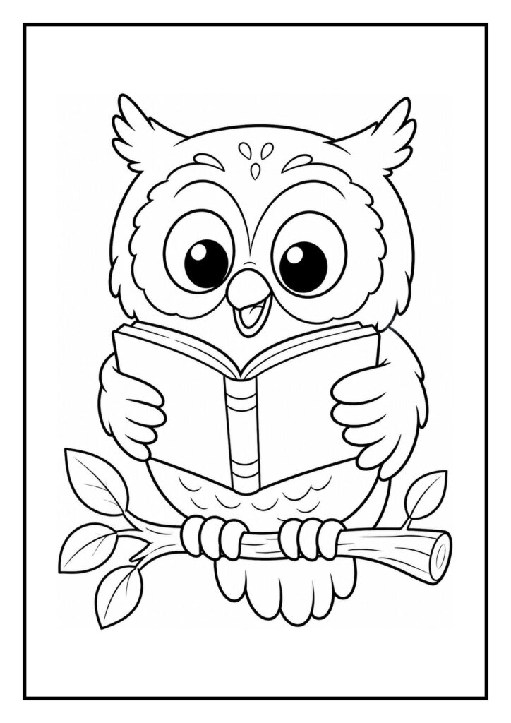Kleurplaat van een schattige uil die een boek leest en op een tak zit, vliegend tussen sterren