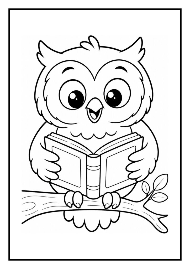 Leuke kleurplaat van een schattige uil die een boek leest terwijl die uit zijn nest gluurt in het bos.