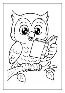 Schattige uil die op een tak zit met een boek in zijn vleugels in een vrolijke kleurplaat voor kinderen