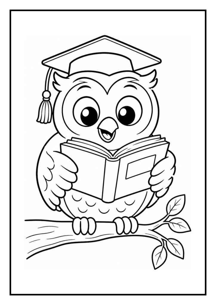 Een schattige uil met afstudeerhoedje die een boek leest terwijl hij op een tak zit