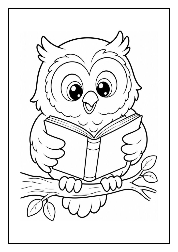 Leuke kleurplaat van een schattige uil die een boek leest terwijl hij op een tak zit in het bos.