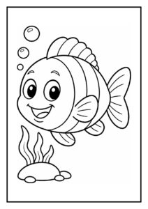 Kleurplaat van een vrolijke schattige vis die door een hoepel zwemt met bubbels en waterplanten.