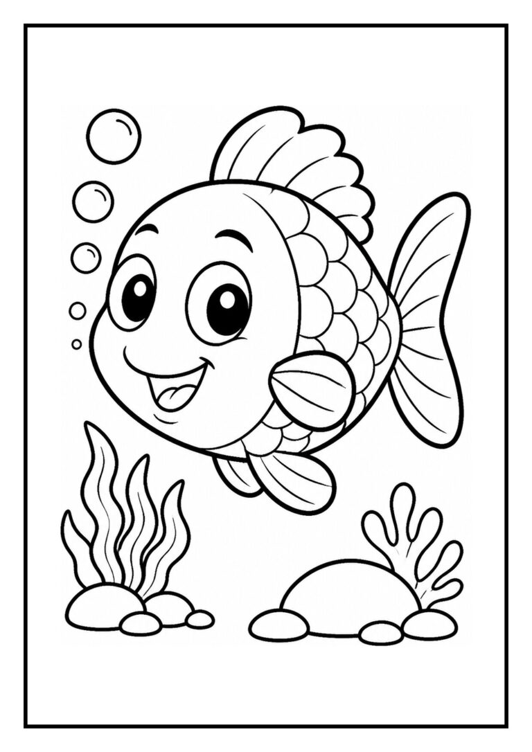 Leuke kleurplaat voor kinderen met een vrolijke, schattige vis die een belblaas kust onder water