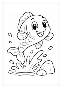 Leuke kleurplaat van een vrolijke vis die uit het water springt met spetters en stenen ernaast.