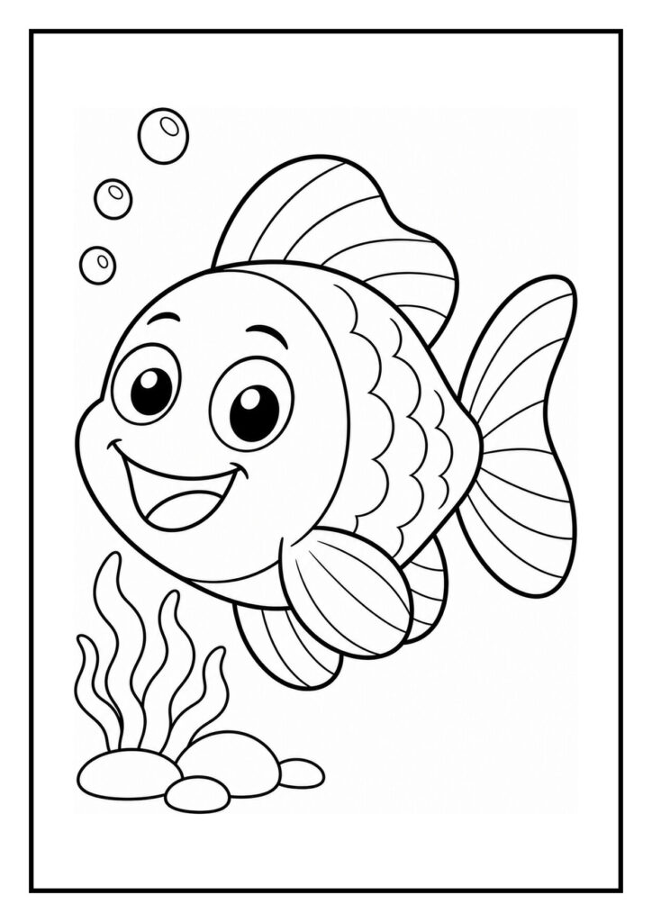 Leuke kleurplaat van een vrolijke vis die onder water zwemt met bubbels en waterplanten terwijl hij een klein krabje ontwijkt.