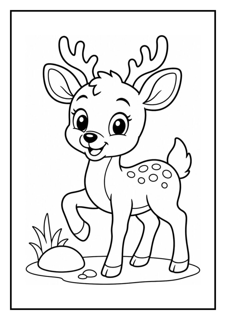 Kleurplaat van een schattig hertje met grote ogen dat vrolijk onder lage takken door glipt in het bos.