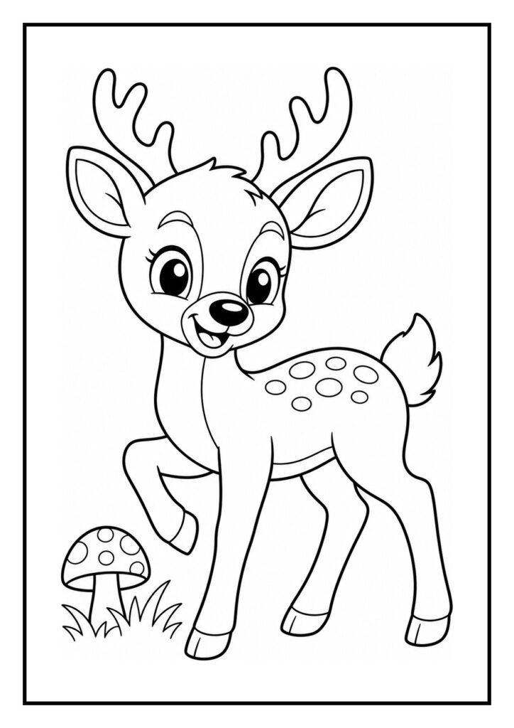 Kleurplaat van een schattig hertje met stippen op zijn rug dat water drinkt uit een kabbelend beekje in een vrolijk bos met paddenstoelen.