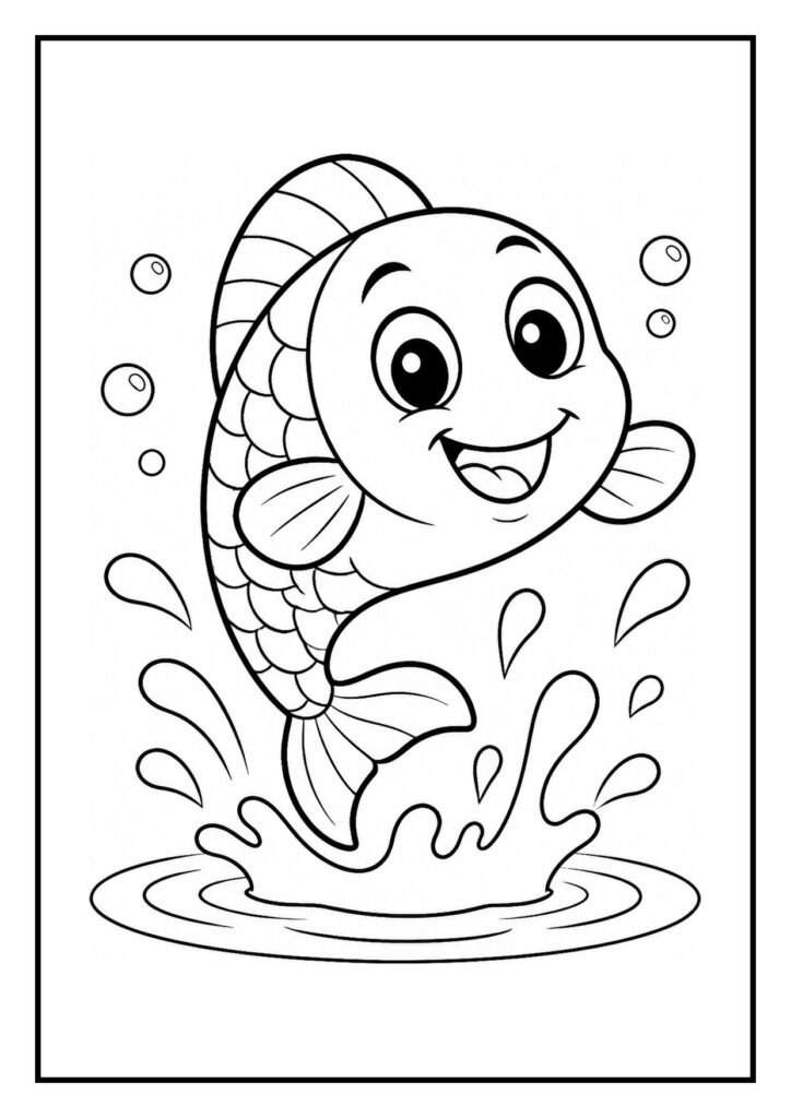 Vrolijke kleurplaat van een schattige vis die uit het water springt met bubbels en spetters om zich heen