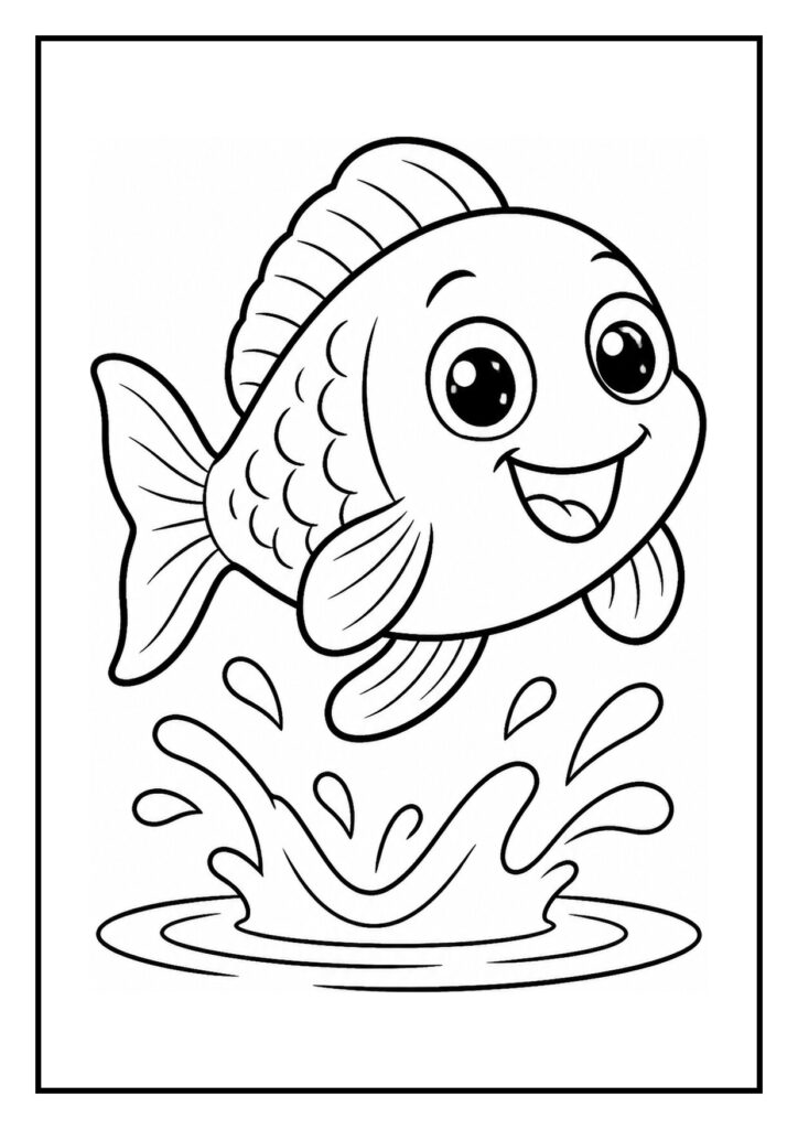 Vrolijke kleurplaat van een schattige vis die uit het water springt met spetters rondom bij een grote schelpdeur