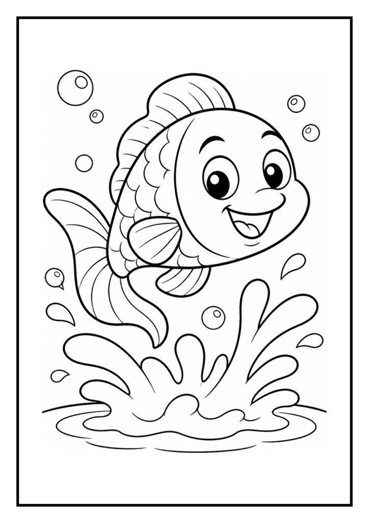 Kleurplaat van een vrolijke, schattige vis die uit het water springt met bubbels eromheen tussen zeewier