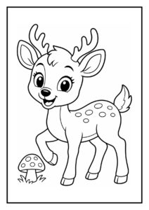 Vrolijke kleurplaat van een schattig hertje dat achter een struik piept in het bos met een paddestoel