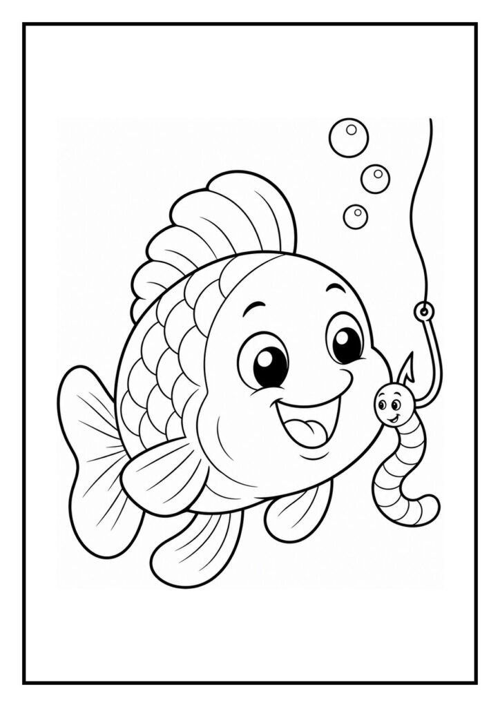 Vrolijke vis die met een lach naar een worm op een vishaak kijkt, omlijst met bubbels.